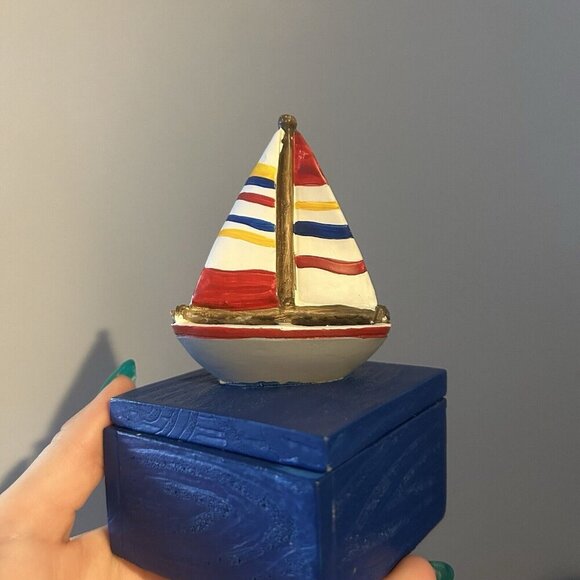Lighthouse Small Trinket Jewelry Box Sailboat Coastal Beachy Nautical Blue Red - Picture 5 of 10